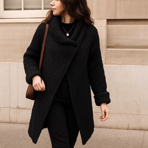 Hand Knit Black Wool Silk Coatigan Cardigan Coat Sweater Cables Asymmetrical L - Picture 1 of 6